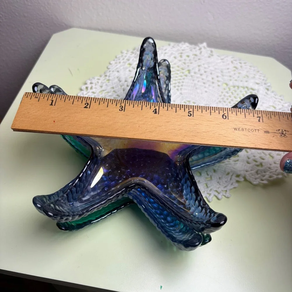 Vintage Set of 3 Blue Starfish Trinket Dish Mermaidcore Iridescent Glass